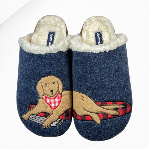 Lands End Womens Slippers Size 8B Navy Blue Dog Plaid Fleece Lined Slip On Cozy - Picture 1 of 10